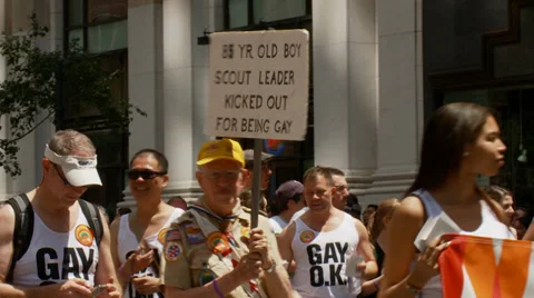 85 year old Boy Scout leader kicked out for being gay, NYC Pride Parade 2012 Stock Footage 34545030