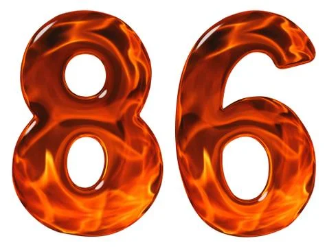 86, eighty six, numeral, imitation glass and a blazing fire, isolated on whit Stockillustratie