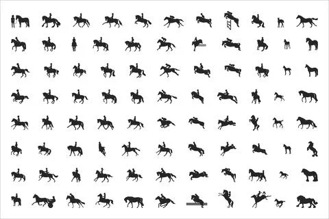 88 vector silhouettes on the theme of horse, equestrian, show jumping, dres.. Stock Illustration