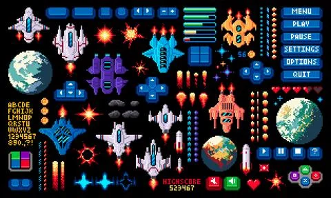 8bit arcade space pixel game asset, invaders set Stock Illustration