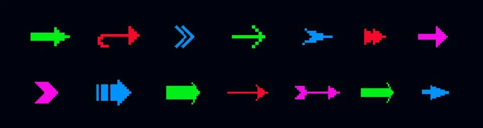 8bit colored arrow icon. Pixel retro arcade game arrow Stock Illustration