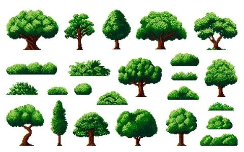 8bit forest, pixel tree, bush, arcade game assets Stock Illustration