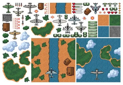 8bit pixel arcade game of fight plane, 2D top view Illustrazione stock