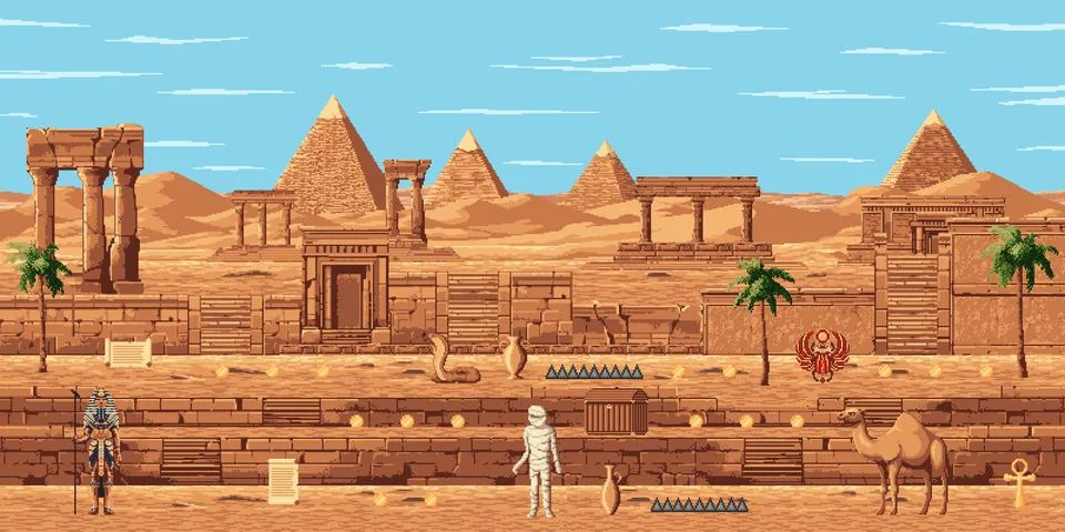 8bit pixel arcade game level map, Egypt pyramids Stock Illustration