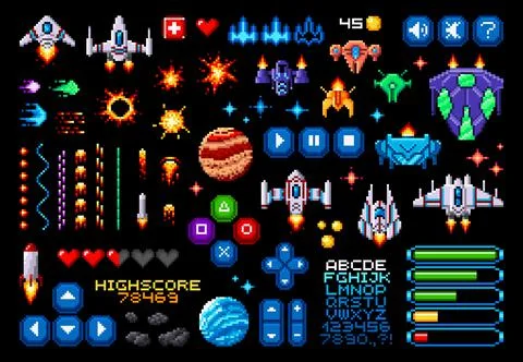 8bit pixel art game asset, space planets, rockets Stock Illustration