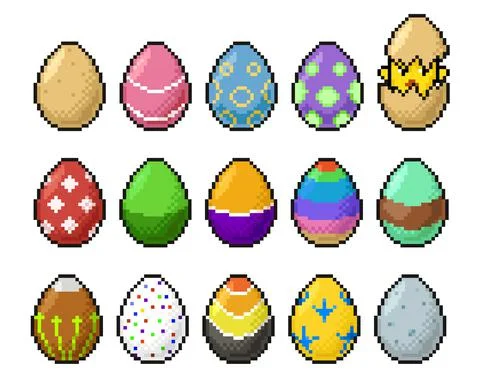 8bit pixel art happy easter eggs and chicken icons Illustrazione stock