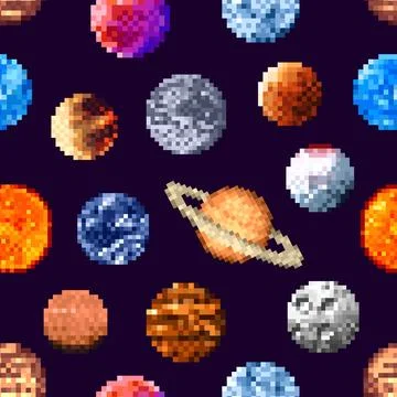 8bit pixel art space planet stars seamless pattern Illustrazione stock