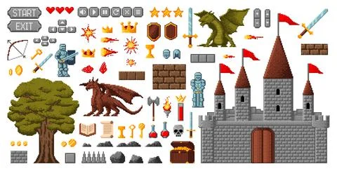 8bit pixel game asset, medieval knights, castle Stock Illustration