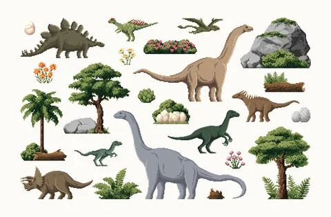8bit pixel prehistoric dinosaur characters, plants Stock Illustration