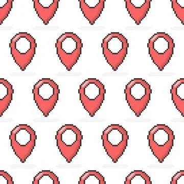 8bit pixel vector red pin location gps icon seamless pattern. Geometric marke 스톡 일러스트