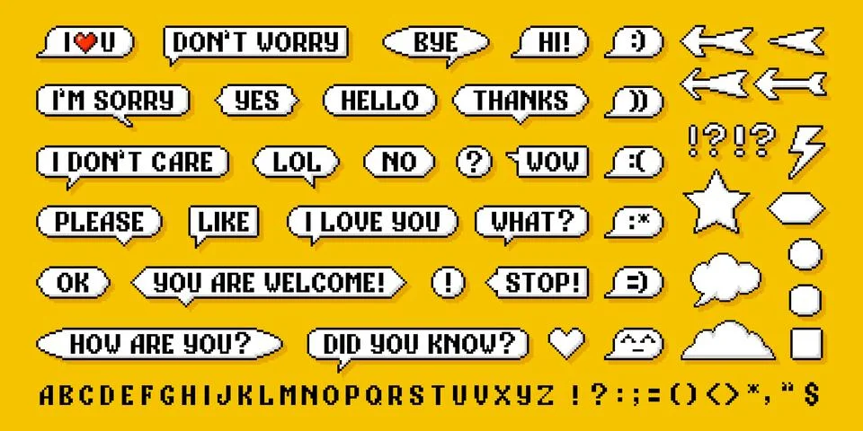8bit retro pixel speech bubble messages and arrows Stock Illustration
