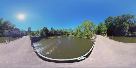 8K 360 VR - abandoned river embankment - flowing water european nature Stock Footage 92302703