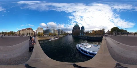 8K 360 VR Berlin Mitte Museum Bridge time lapse boat river people historical Stock Footage 104860672