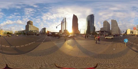 8K 360 VR  Berlin Potsdamer Platz time lapse crossing traffic hour sunset street Stock Footage 104859252