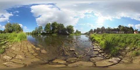8K 360 VR - countryside - view on a river, summer, swan floating by, no people Stock Footage 92021850