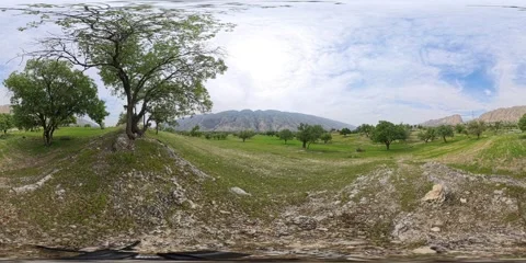 8K 360 VR Landscape of Green Valley and Rocky Mountains Stock Footage 340215082