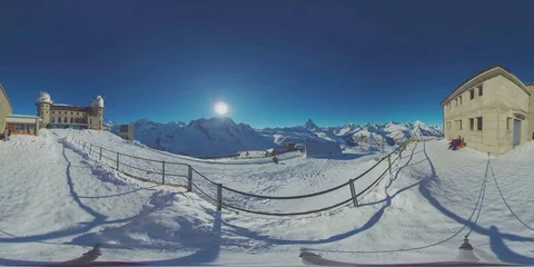 8K 360 VR View from Gornergrat buildings near Zermatt with Matterhorn Stock Footage 83951544