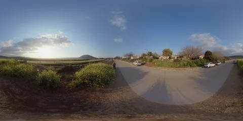 8K 360VR Video of open green fields and Mount Tabor in the BG Stock Footage 105531076