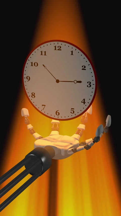 8K-3D, Modern clock Loop in Robot hand, vertical Stock Footage 329623442