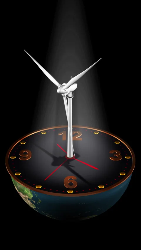 8k-3d, Vertical format wind energy on Earth and clock Video stock 319889448