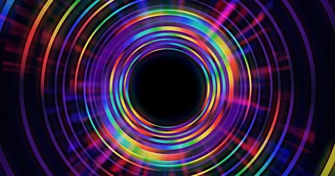 8K abstract loop of rainbow colorful rings. Glowing rays from center. 3D render Video stock 122350672