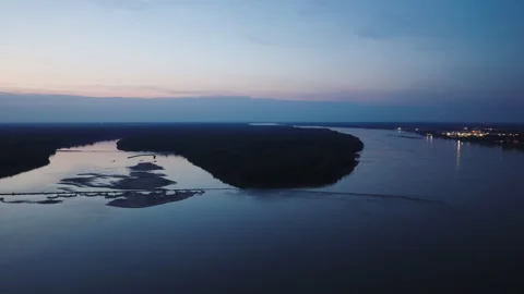 8K Aerial View Shot of Mud Island and Mississippi River, Memphis, at night, even Stock Footage 330030325
