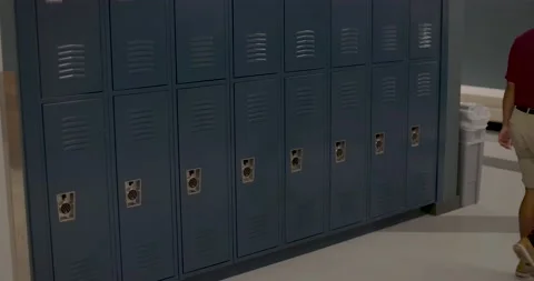 [8K] Blue School Lockers in a High School Stock Footage 211109191