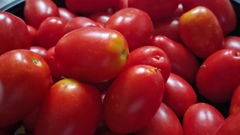 8K Close Up of Fresh Red Roma Tomatoes in Bowl Stock Footage 340071883