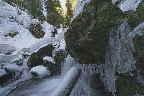 8K Close up winter waterfall with icicles Stock Footage 255973214