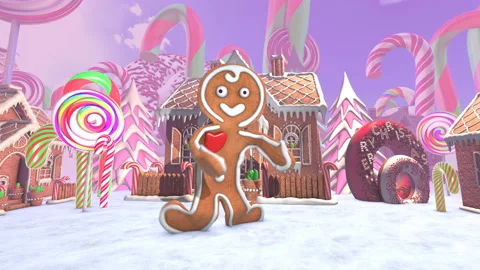 8K Cute Gingerbread man dancing salsa in a candy village background. Seamless Stock Footage 119758171