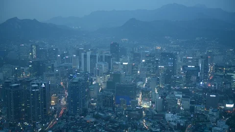 8K Day to Night Time Lapse Aerial View Seoul Skyline Office Towers Car Traffic Video stock 106614685