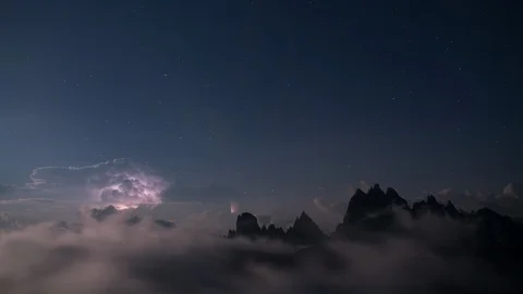 8K Dolomites Epic Storm with lightning and clouds rolling over the top of Alpes Stock Footage 107983075