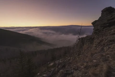 8K Low clouds after the sunrise and autumn landscape Video stock 255971835