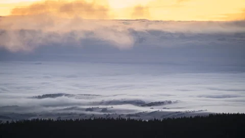 8K Low clouds rolling over village and forest Stock Footage 255617334