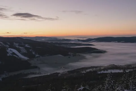 8K Morning low clouds rolling over the village Stock Footage 256026944