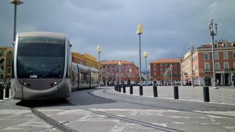 8K Nice Tramway Driving Through Place Massena Stock Footage 132423313