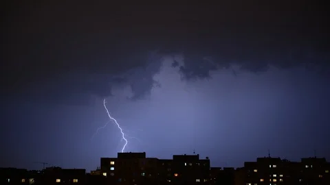 8K Night Time Lapse of City Lightning Strikes Thunder Storm Severe Weather Rain Stock Footage 106493895