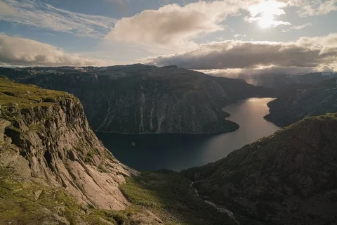 8K Norway mountains clouds and fjord Stock Footage 119304543