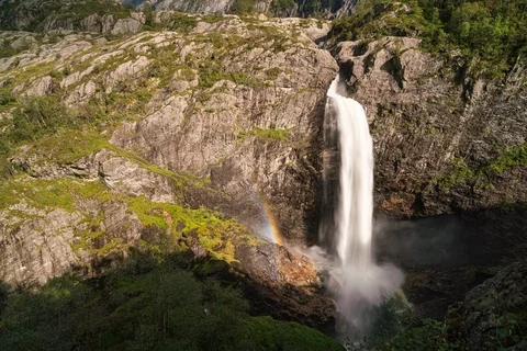 8K Norway waterfall with rainbow Stock Footage 119299399