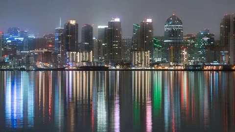 8K San Diego Skyline Time Lapse Reflected on Ocean Stock Footage