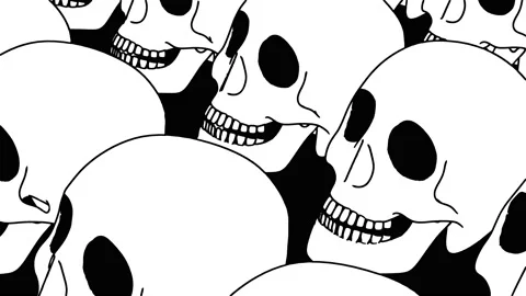 8K Seamless animation psychedelic skulls printed drawn style cartoon. Hypnotic Video stock 135646346