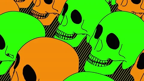 8K Seamless funny animation of fluor color skulls in comic style. Psychedelic Stock Footage 136076086