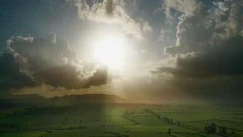 8K Sunbeams Landscape On Vast Plain At Sunset Stock Footage 169103422