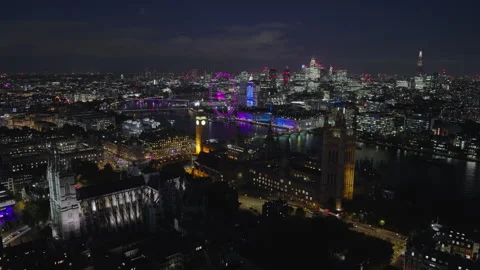 8K Superb Quality, Aerial View Shot of London, Big Ben London Eye, night evening Stock Footage 290518983