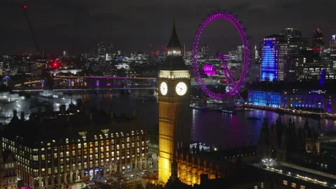 8K Superb Quality, Aerial View Shot of London, Westminster, Big Ben, night Stock Footage 310575468