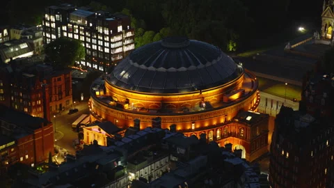 8K Superb Quality, Aerial View Shot of London, Royal Albert Hall, night, evening Stock Footage 310580935