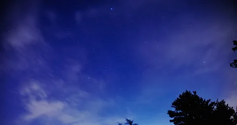 8K Tilt Down Time Lapse of Starry Night Sky Countering Drifting Clouds Stock Footage 340488791