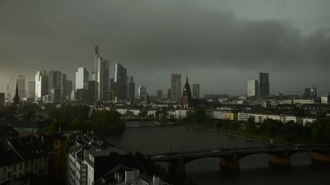 8K Time Lapse Aerial View of Frankfurt Skyline Financial Buildings Storm Weather Stock-Footage 105899673