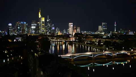 8K Time Lapse Aerial View Establishing Shot Frankfurt Skyline Night Thunderstorm Stock Footage 105900258