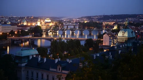8K Time Lapse Aerial View Prague Skyline Famous Tourist Attraction Day to Night Stock-Footage 105901613